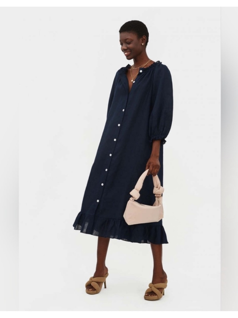 Sleeper Navy Button-Front Linen Midi Dress
